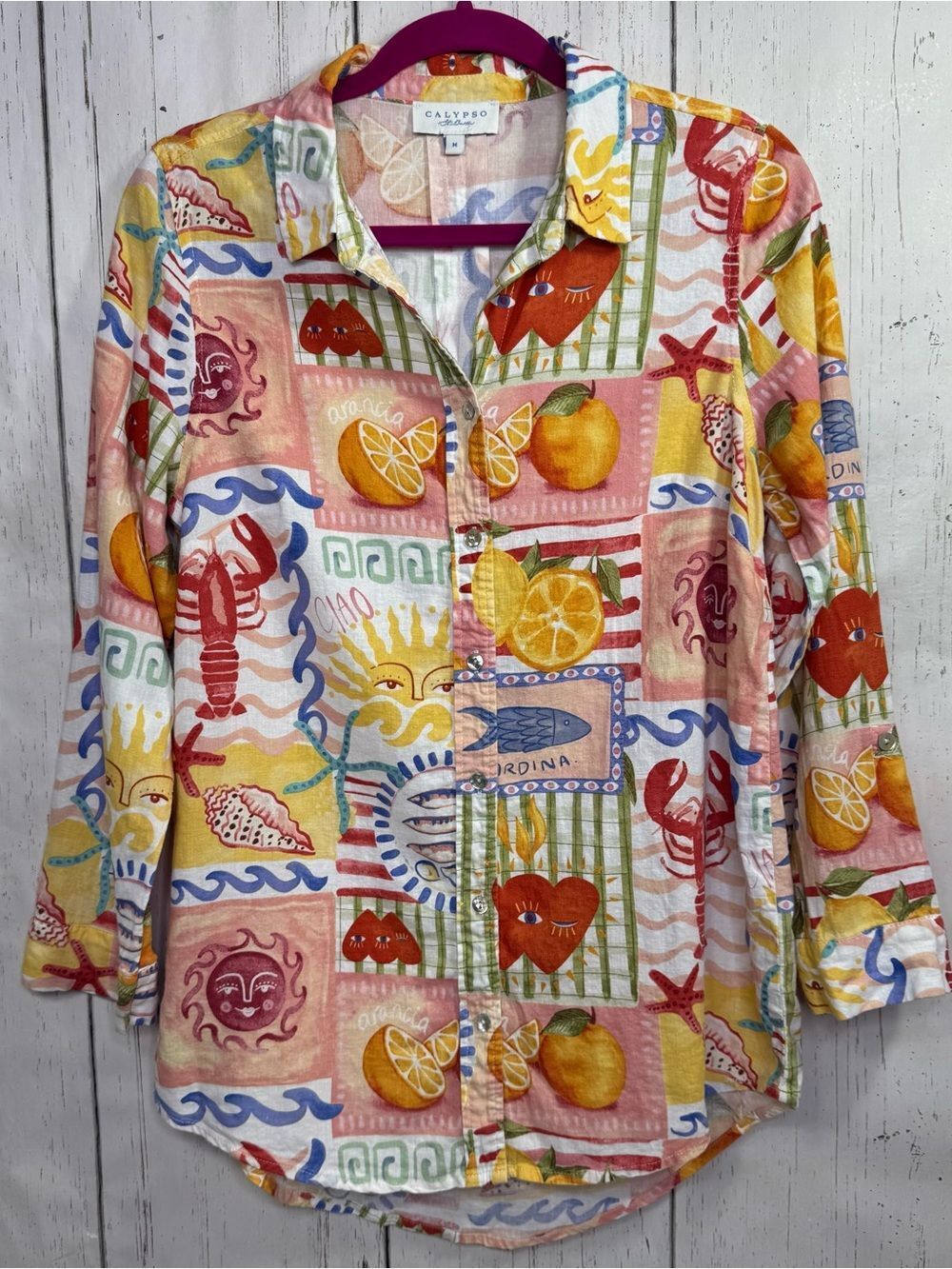 Calypso St. Barth Mediterranean Coastal Linen Blend Button Up Shirt Resortwear
